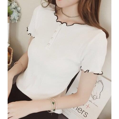 Coreano Moda camisa Doce Ruffles Collar Mulheres camiseta de Manga Curta Em Torno Do Pullovers De Malha camisa