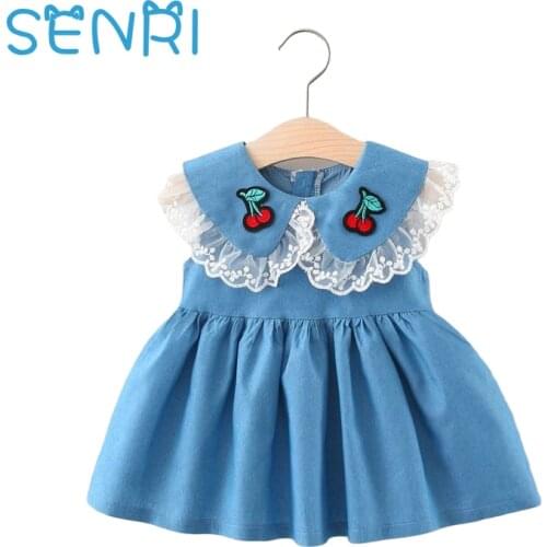 2021 Summer Baby Girls Sleeveless Cherry Strawberry Lace Lapel Collar Denim Jeans Kids Dress Cute Princess Dresses 0-3Y Vestidos
