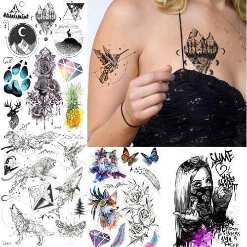 REJASKI Sexy Rose Flower Temporary Tattoos Sticker Pendant Diamond Paw Mountain Fake Tatoos For Women Elk Art Custom Tattoo