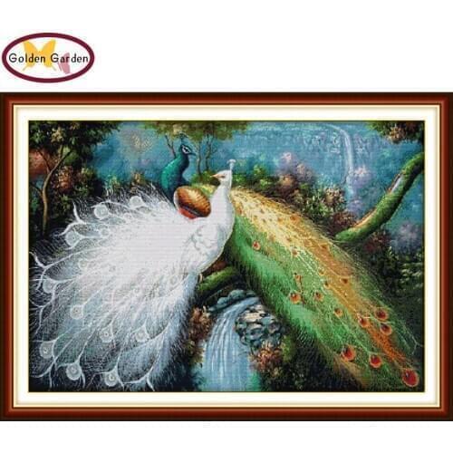 GG Peacocks in green Forest animal style craft cross stitch charts counted stamped Chinese cross stitch kit for home decoration