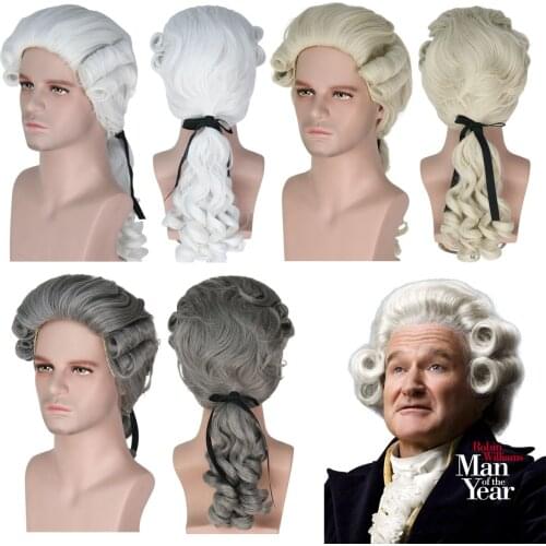 Colonial Wigs Gray White Platinum Lawyer Judge Baroque Curly Unisex Costume Deluxe Historical Cosplay Hair Halloween Party
