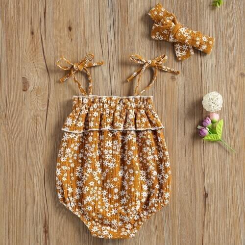 New Born Girls Sling Jumpsuit Flower Print Sleeveless Short Pants Romper Hairband One-Pieces Baby Clothing