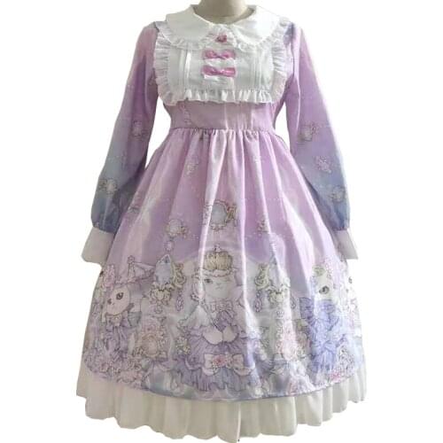 Princess Cat Sweet Womens Lolita OP Dress Long Sleeve Dress Peter Pan Collar Fairykei Dress One Piece 3Colors