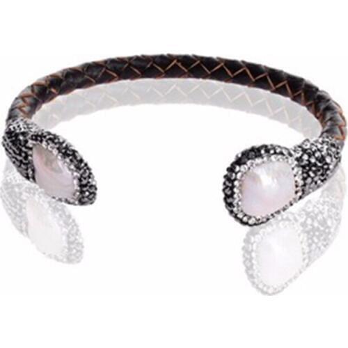 Fashion pearl bracelet crystal leather & white keshi pearl bracelet ceramic bracelet square leather engraved bracelet