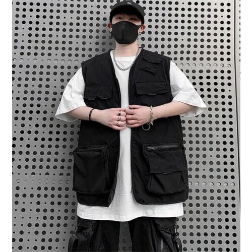 Men Streetwear Fashion Tooling Vest Cargo Hip Hop Sleeveless Jacket Gilet Military Multi-Pocket Mens Outdoors Tactical Coat
