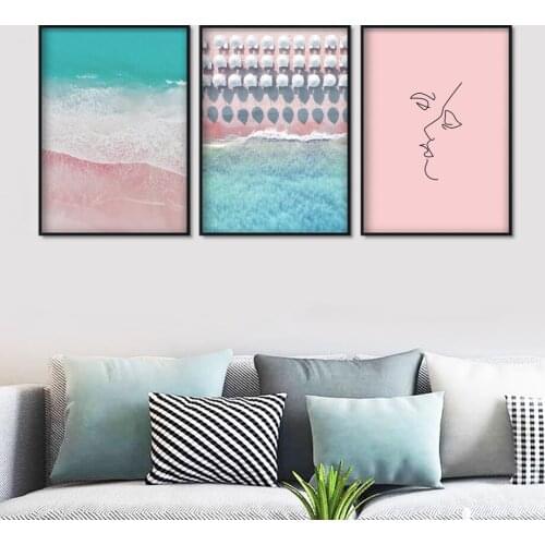 Pink Beach Sea Sunshade Figure Drawing Wall Art Canvas Painting Nordic Posters And Prints Wall Pictures For Living Room Decor