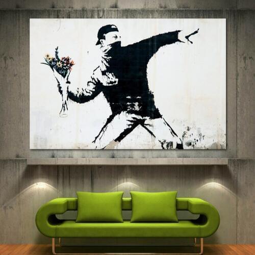 Silk Painting Wall Art Banksys " throw flowers" Graffiti Artwork Canvas Posters and Prints Modern Home Living Room Decorations