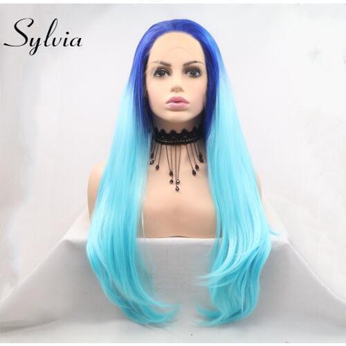 Sylvia Cosplay Synthetic Lace Front Wigs Long Natural Straight Hair Black Root Ombre To Blue for Women Makeup Hair Style 24 Inch