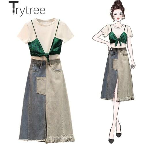 Trytree 2021 Summer Women Two Piece Set Casual Fashion Sequin Patchwork T-shirt + Denim Skirt Pockets Sexy Split Hem 2 Piece Set