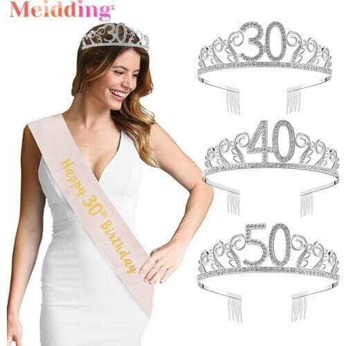 Happy Birthday 30th 40th 50th Party Supplies Rhinestones Bride Crown 30 40 50 Anniversary Birthday Party Decorations Adult