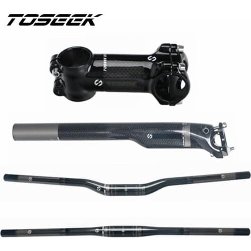 TOSEEK Glossy Carbon Fiber Bicycle Handlebar + Stem + Seatpost Bike MTB Road Cycling Mountain Bars Sets Parts