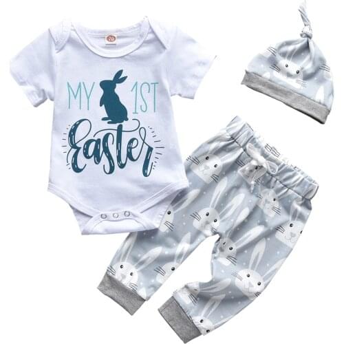 Wallarenear 0-18M Infant Baby Boy Easter Clothing Set 3Pcs Hat Romper Pant Set Short Sleeve Rabbit Printed Jumpsuit Top For Kids