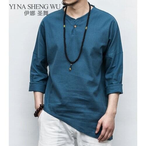 Japanese Kimono New Plus Size Mens Shirts Long Sleeve Solid Irregular Hem Chinese Style Shirt Men Cotton Linen Vintage Casual