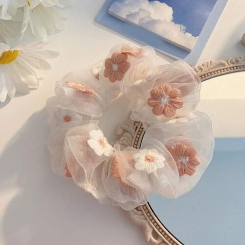 Pink Blue Mesh Women Scrunchies Embroidery Organza Hair Accessories Hair Rope Ponytail Transparent Tulle Hair Tie Romantic 2021