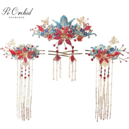 PEORCHID Blue Red Traditional Phoenix Hair Accessories Wedding Hair Pins Chinese Brides Headpiece Crystal Butterfly Head Jewelry