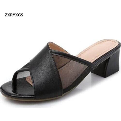 2021 New Style Fish Mouth Cowhide Mesh Summer Slippers Women Sandal Shoes Fashion All-match Comfortable Thick Heels Large Size