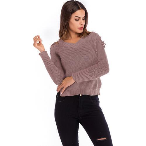 Neatie kiddie Solid Color Fashion V-neck Loose Casual Sweater Women Clothes Patchwork Cross Shoulder Pullovers Jumper Female
