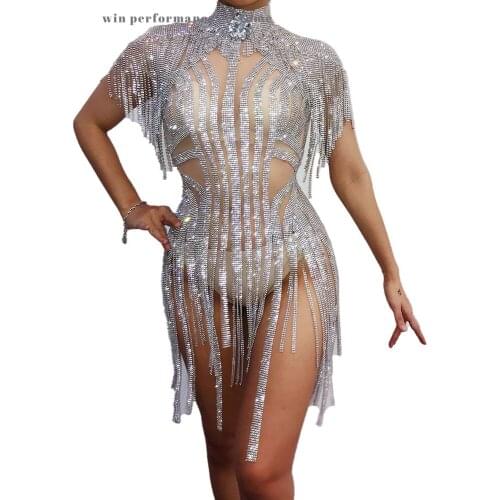 Custom Sexy Sparkly Silver Fringes Bodysuit Women Celebrate Costume Female Singer Bling Tassels Leotard Performance Dance Wear