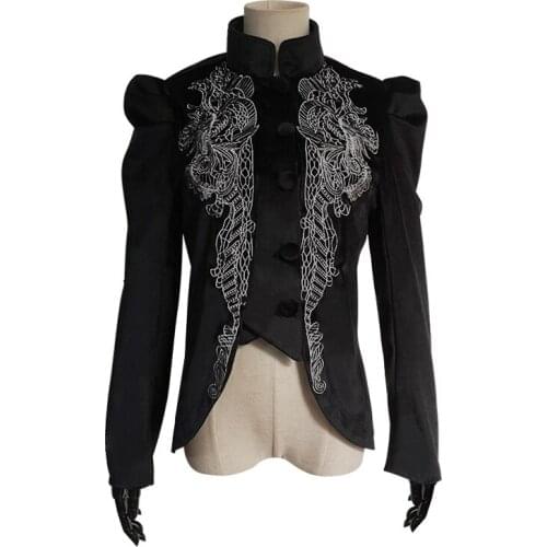 New punk carnival womens gothic coat jacket long black embroidery flowers palace lantern sleeves slim cosplay costume