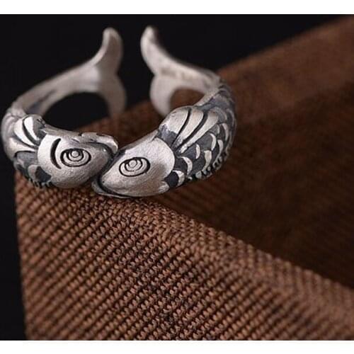 FNJ 925 Silver Animal Fish Ring Pure Original S925 Sterling Silver Rings for Women Jewelry Open Adjustable Size