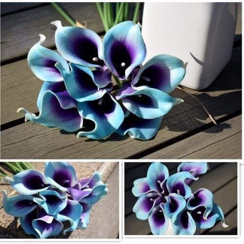 10 Teal Purple Picasso Calla Lilies Real Touch Flowers For Silk Wedding Bouquets, Centerpieces, Wedding Decorations