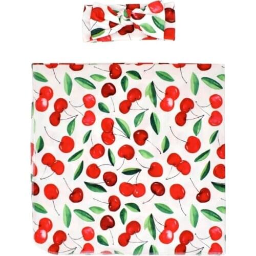 2 Pcs/Set Newborn Baby Receiving Blanket Headband Set Infant Fruit Printed Wrap