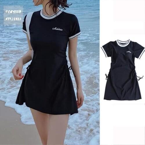 2021 Korean Sexy Drawstring Short Sleeve Swimwear Woman One Piece Swimsuit Lady Large Size Bathing Suit Beach Swimskirt