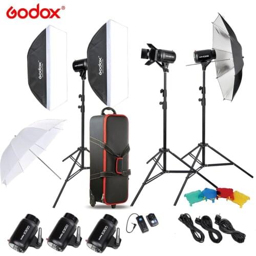 Free DHL Godox E300 300W Photo Studio Flash Strobe Light Kit with Light Stand Softbox Barn Door Trigger