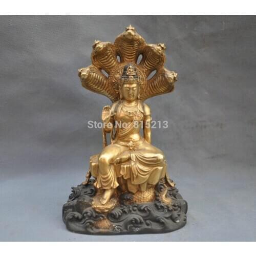 Bi0011726 12''China Tibetan Buddhism Five Snake Guanyin Kwan-yin Bodhisattva Bronze Statue