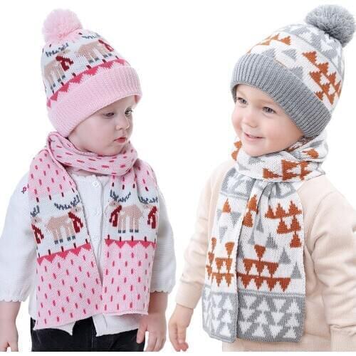 Kids Winter Hat Pompom Baby Hat Scarf Set for Girl Boy Baby Knit Beanie Hats Skullies Bomber Caps for Children