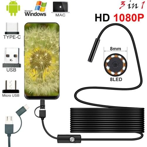3IN1 Endoscope Camera 1080P HD USB Endoscope 8 LED 1/2/5/10M Flexible Cable Waterproof Inspection Endoscope for Android PC