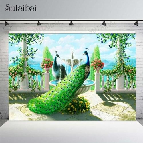 Green Peacock Greek Column Garden Flower Bed Photography Backgrounds High Definition Wallpaper Children Kids Photo Backdrops