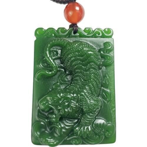 Chinese Green Jade Tiger Pendant Jewelry Fine Jewelry Lucky Exorcise evil spirits Auspicious Safety Charms Necklace Jade Pendant