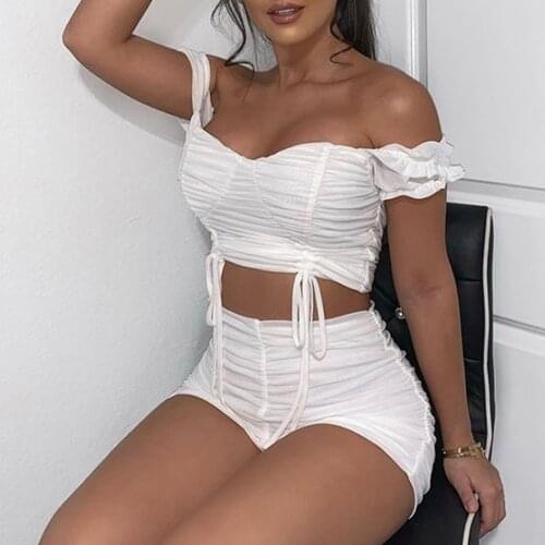 Echoine Summer Sexy Off Shoulder Slash Crop Top Pleated Stacked Shorts Set Sheer Mesh Sexy Bodycon Tracksuit 2 Piece Set Outfits