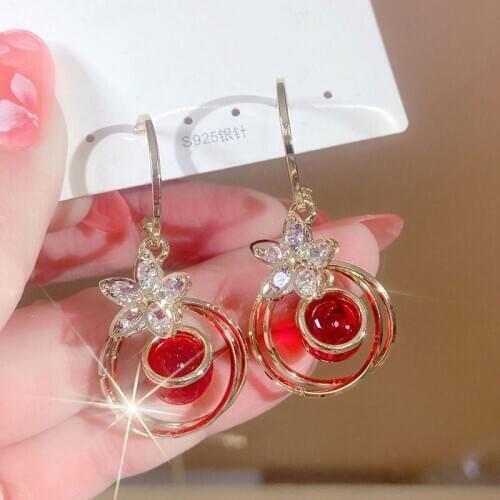 Womens Fashion Jewelry, Transfer Bead Flower Cats Eye Alloy Earrings, High Quality Versatile