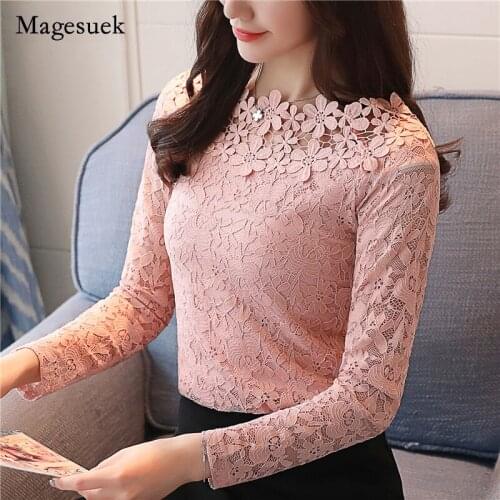New Spring O-collar Long Sleeve Women Blouse With Lace Blouse Hollow Out Bottoming Shirts Women Top Slim Fit Blusa 1105 40