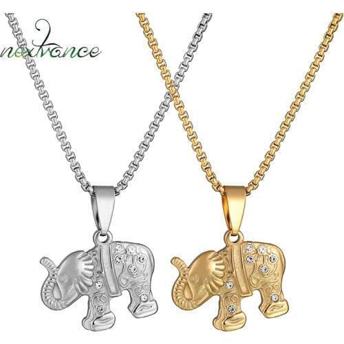 NextvanceCubic Zirconia Elephant Pendant Necklace Gold Silver Color Stainless Steel Necklaces Lucky Gifts for Men Women