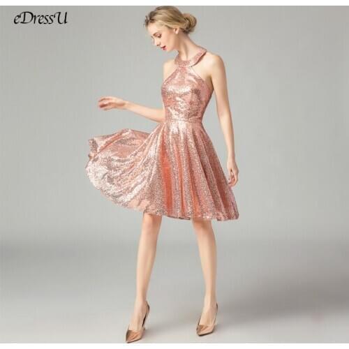 Sexy Halter Sequins Party Dress Backless Gold Cocktail Dress Dancing Party Dress Knee Length Night Club Dress WS-L1135