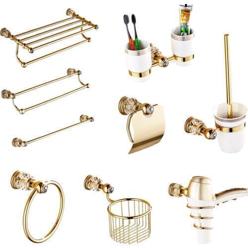 Luxury Shiny Gold Crystal Brass Bathroom Accessories Set Ceramic Toothbrush Cup Toilet Paper Holder Towel Shelf Copper Products