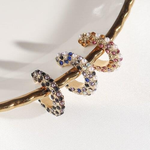 2020 New Fashion Luxury Simulated Pearl Colorful Rhinestone Filled Pink Black Blue Ear Cuff For Women Clip On Earrings