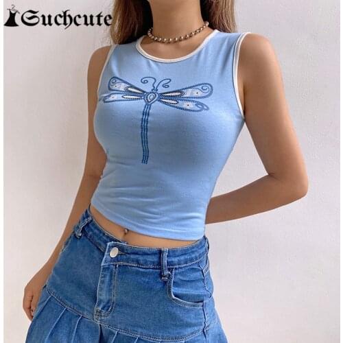 SUCHCUTE Butterfly Print Cute Tank Tops For Women Summer Streetwear Fashion Slim Outfits Crop Tops Harajuku Fitness Vests