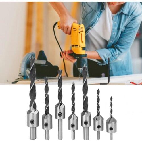 Countersunk Drill Bit 7pcs Woodworking Countersunk Drill Bit 5 Flute Chamfer Tool with Hex Key