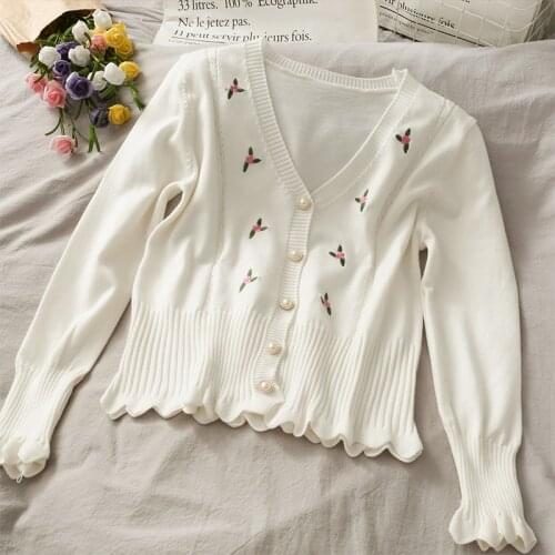 Vintage Embroidery Cropped Cardigan Women Spring Short Knit Sweater Coat Harajuku Slim V Neck Long Sleeve Crop Top Chaqueta Muje