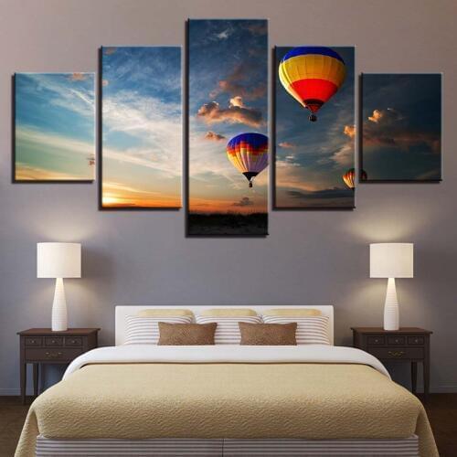 Sunset Hot Air Balloon Creative 5 Pieces Canvas Printings Painting Home Wall Decor Framed Modern Space Art For Living Room