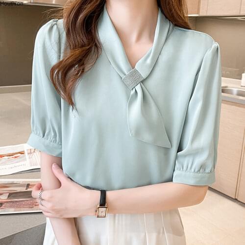 New Silk Short-sleeved Womens Blouse Korean Solid Color Tops Comfortable Fashion V-neck Casual Shirt Houthion