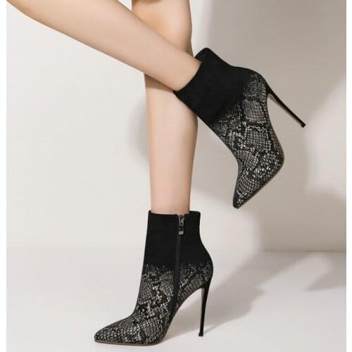 2021 Female New Short Boots Fashion Snakeskin Pattern Ladies Sexy Stiletto Four Seasons Boots Pointed Zipper Womens Shoes