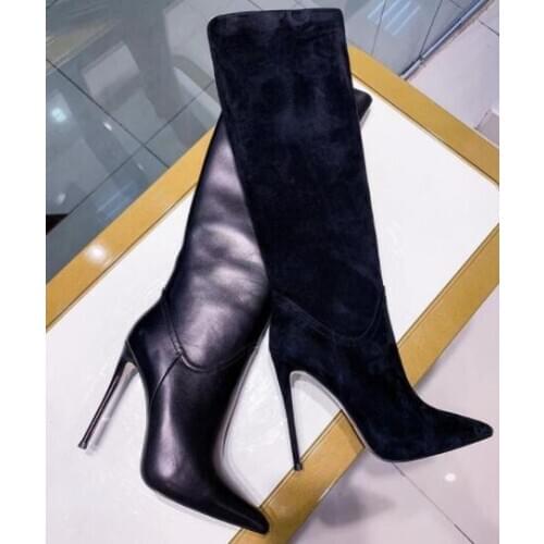 Moraima Snc Pointed Toe Knee High Boots Black Suede Thin Heels Riding Boots Runway Fashion Shoes Long Boots
