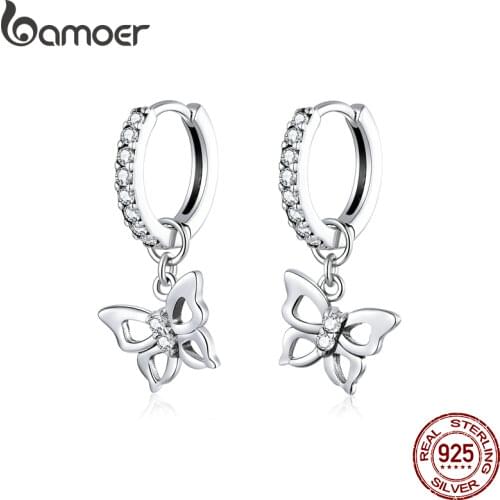 BAMOER Dazzling Butterfly Hoop Earrings for Women 925 Sterling Silver Engagement Wedding Statement Fine Jewelry Pendants SCE833