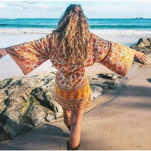 AYUALIN short Kimono cardigan autumn Robe yellow floral print flare long sleeve Gypsy beach summer loose Bohemian women blouses