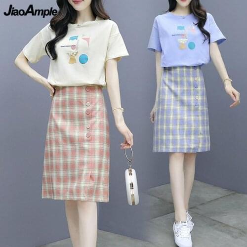 Womens Summer Two Pieces Clothes Set 2021 Korean Graceful Girls Leisure T-Shirt Plaid Skirts Suit Lady Sweet Print Short Sleeve